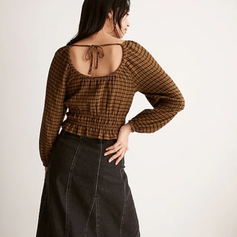 NWOT Madewell gingham top Tie-Back Cutout long sleeve in Plaid Spiced Olive, XXS